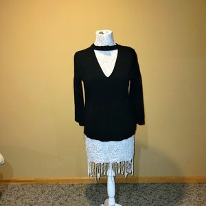 Ann Taylor black top with choker neck closure.
